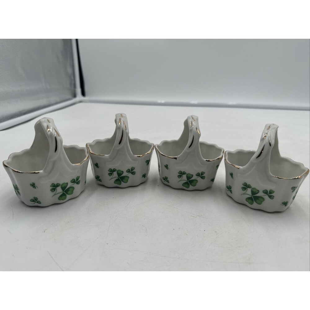 4 Vtg Lefton China Trebol Small Shamrock/clover Basket Hand Painted Gold Trim